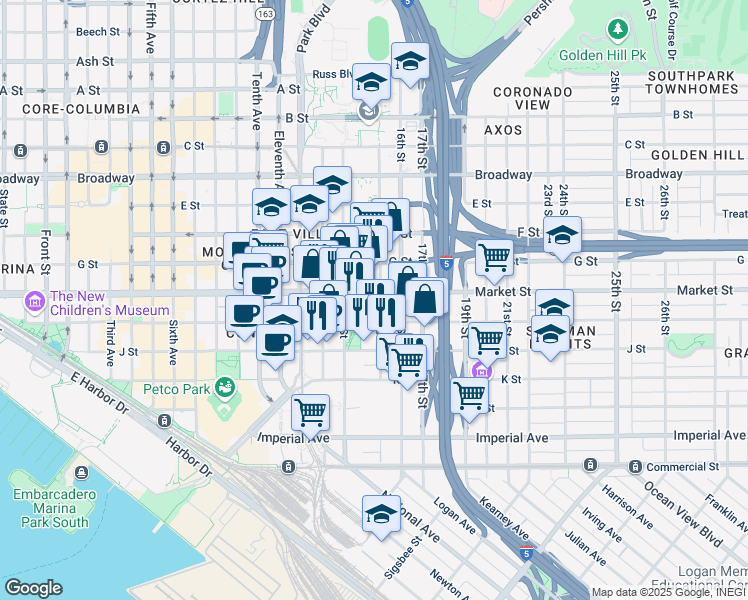 map of restaurants, bars, coffee shops, grocery stores, and more near 1501 Island Avenue in San Diego