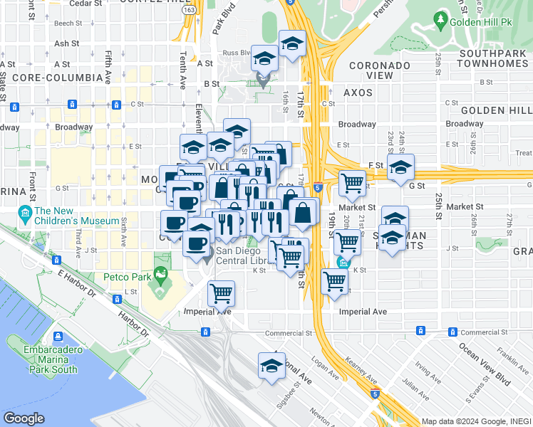 map of restaurants, bars, coffee shops, grocery stores, and more near 1501 Island Avenue in San Diego