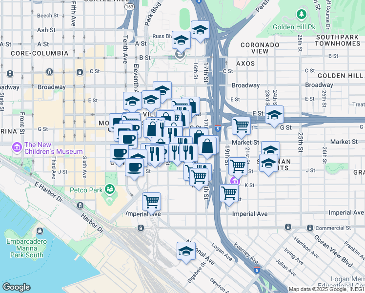 map of restaurants, bars, coffee shops, grocery stores, and more near 550 15th Street in San Diego
