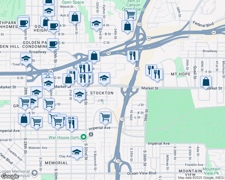 map of restaurants, bars, coffee shops, grocery stores, and more near in San Diego