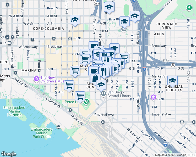map of restaurants, bars, coffee shops, grocery stores, and more near in San Diego
