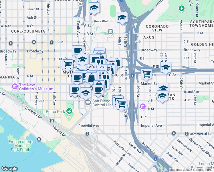 map of restaurants, bars, coffee shops, grocery stores, and more near 655 14th Street in San Diego