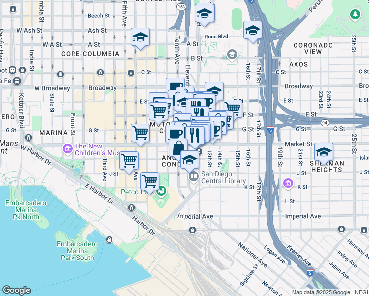 map of restaurants, bars, coffee shops, grocery stores, and more near 1102 Market Street in San Diego
