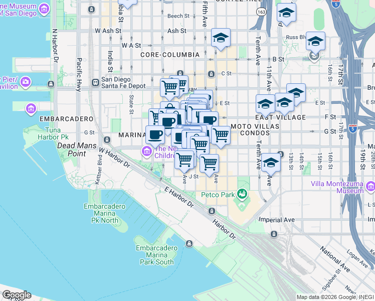 map of restaurants, bars, coffee shops, grocery stores, and more near 303 Market Street in San Diego