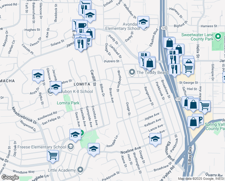 map of restaurants, bars, coffee shops, grocery stores, and more near 646 Braun Avenue in San Diego