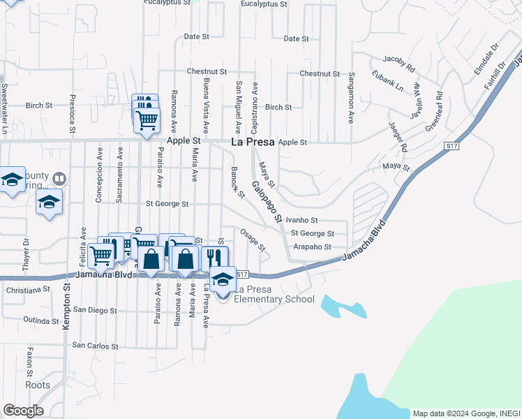 map of restaurants, bars, coffee shops, grocery stores, and more near 821 Banock Street in Spring Valley