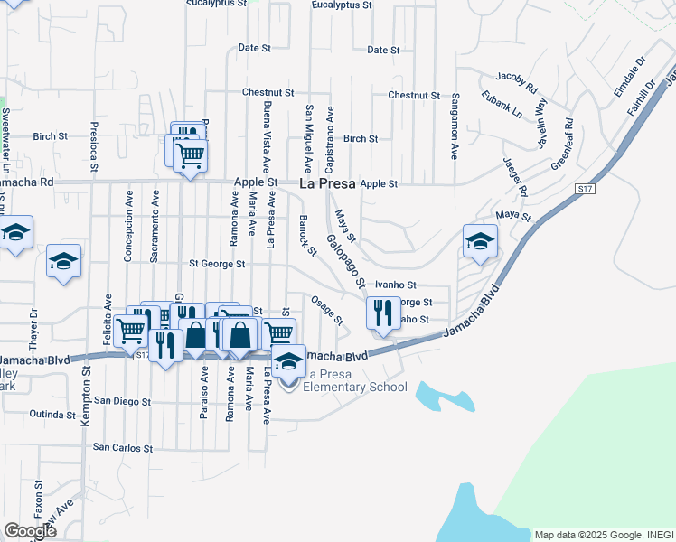 map of restaurants, bars, coffee shops, grocery stores, and more near 821 Banock Street in Spring Valley