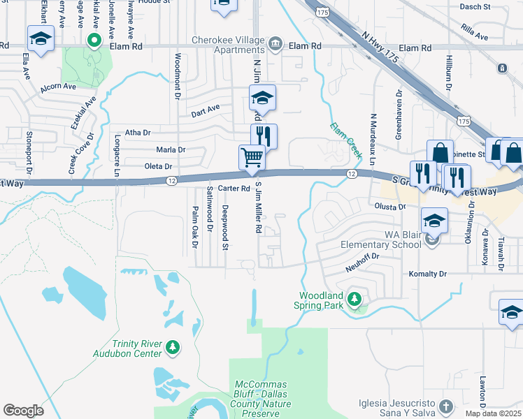 map of restaurants, bars, coffee shops, grocery stores, and more near 202 South Jim Miller Road in Dallas