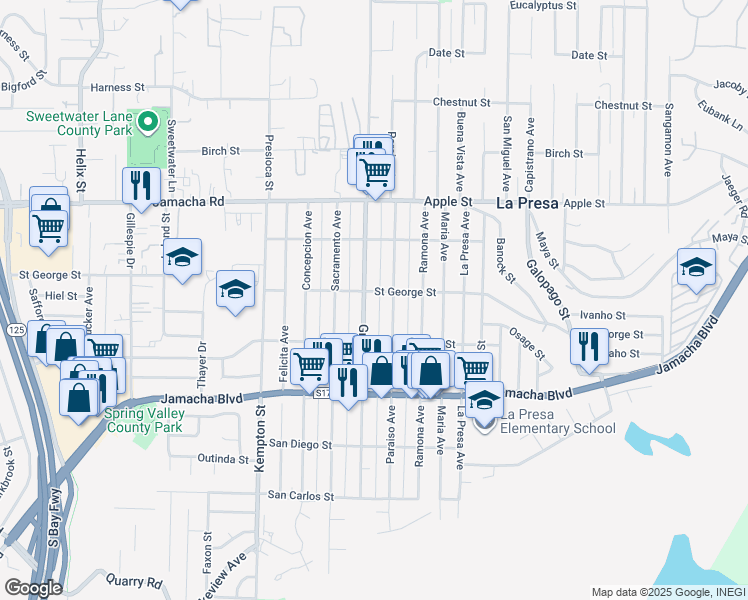 map of restaurants, bars, coffee shops, grocery stores, and more near 811 Grand Avenue in Spring Valley