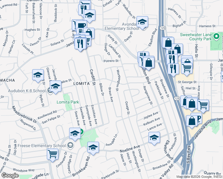 map of restaurants, bars, coffee shops, grocery stores, and more near 646 Braun Avenue in San Diego