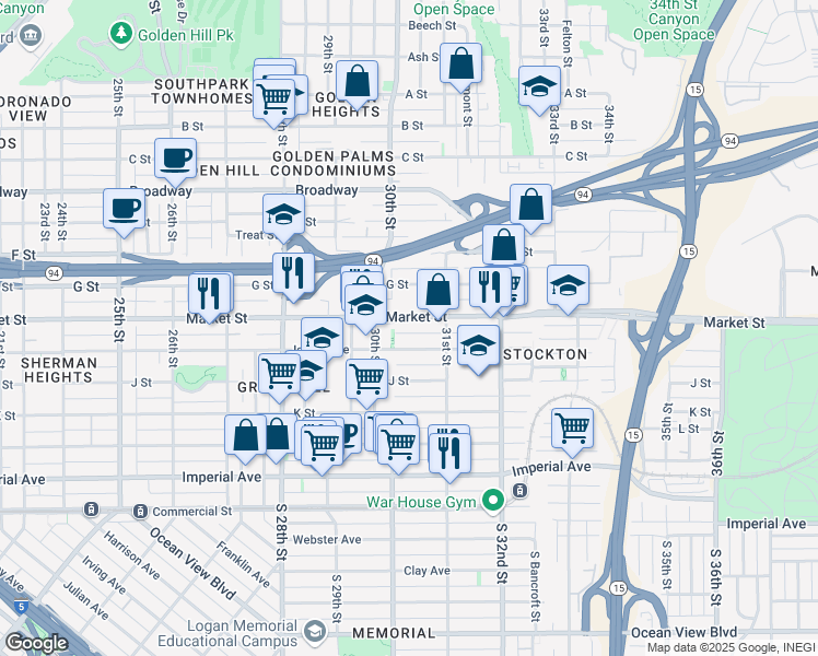 map of restaurants, bars, coffee shops, grocery stores, and more near 3035 G Street in San Diego