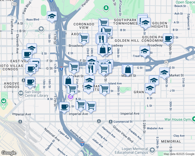 map of restaurants, bars, coffee shops, grocery stores, and more near 2464 Market Street in San Diego