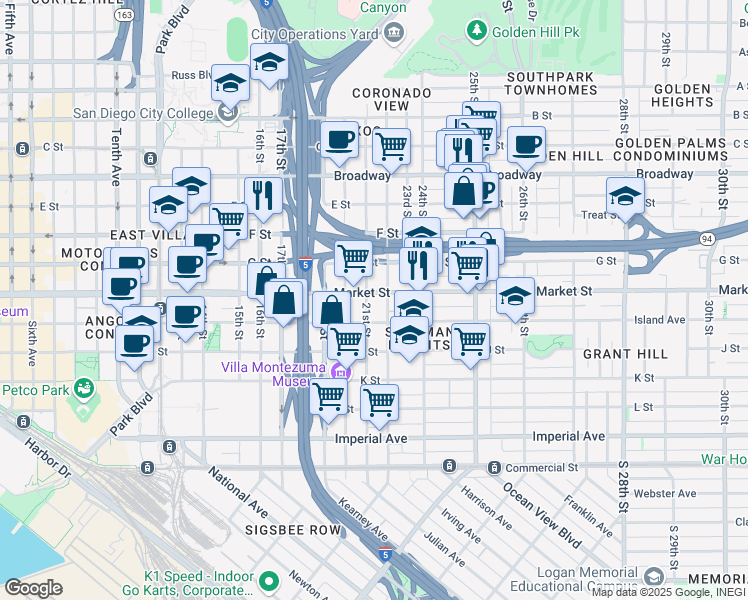 map of restaurants, bars, coffee shops, grocery stores, and more near 625 22nd Street in San Diego