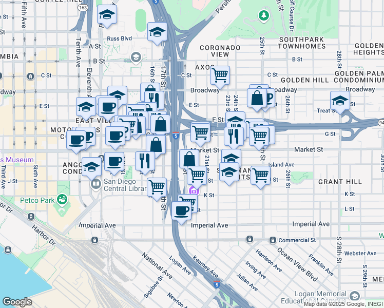 map of restaurants, bars, coffee shops, grocery stores, and more near 633 20th Street in San Diego