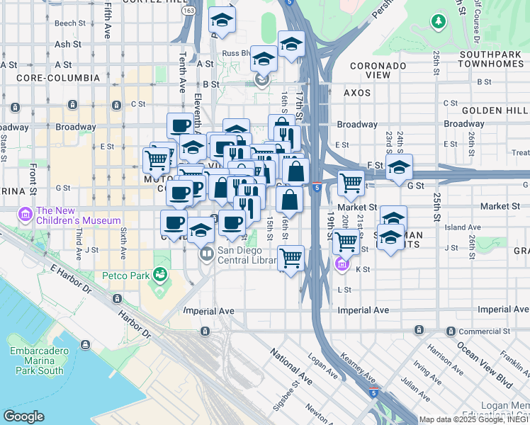 map of restaurants, bars, coffee shops, grocery stores, and more near in San Diego