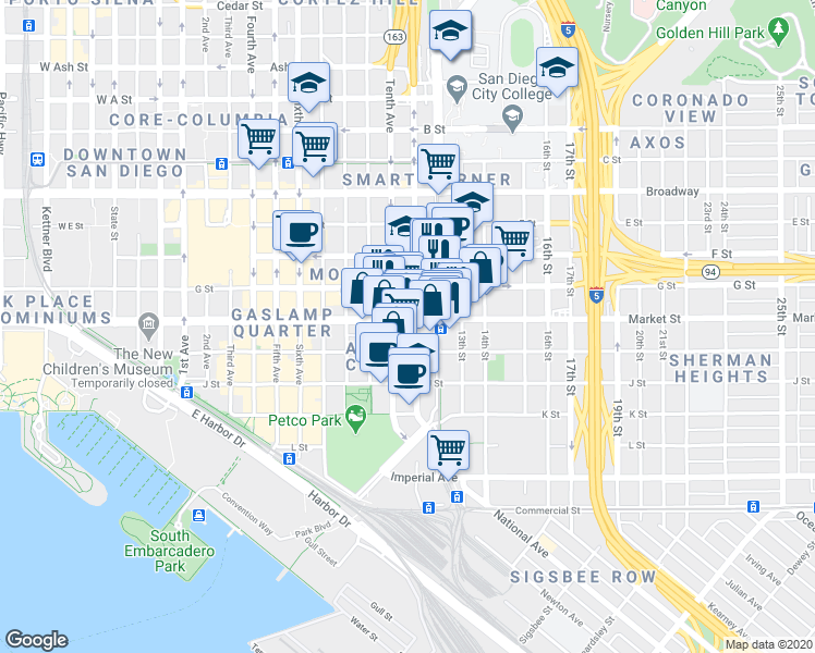 map of restaurants, bars, coffee shops, grocery stores, and more near 1102 Market Street in San Diego
