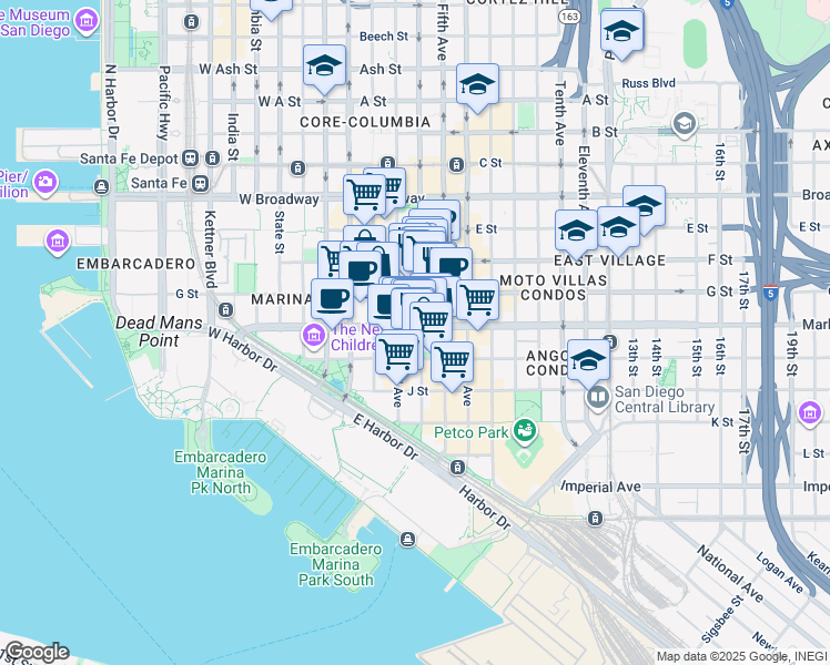 map of restaurants, bars, coffee shops, grocery stores, and more near 606 Third Avenue in San Diego