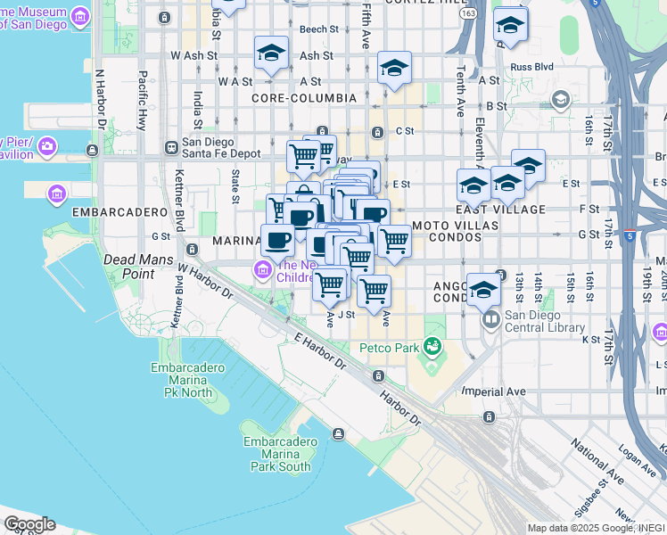 map of restaurants, bars, coffee shops, grocery stores, and more near 606 Third Avenue in San Diego