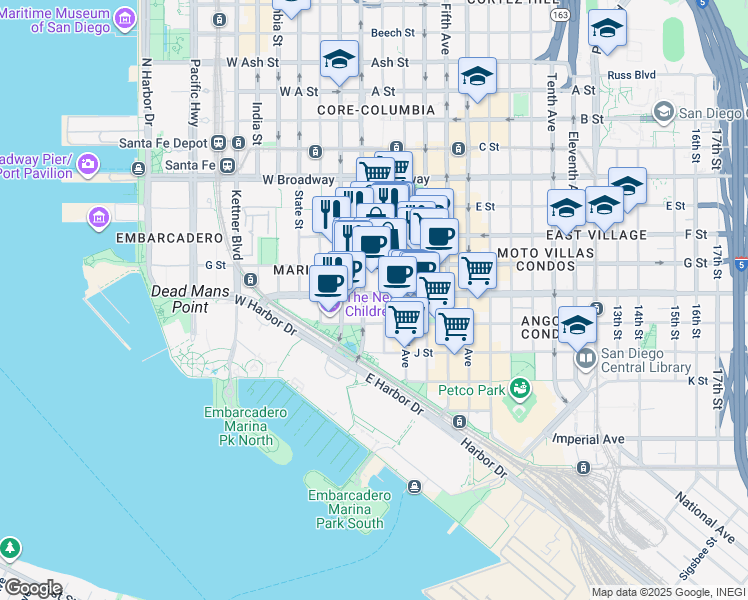 map of restaurants, bars, coffee shops, grocery stores, and more near 102 G Street in San Diego