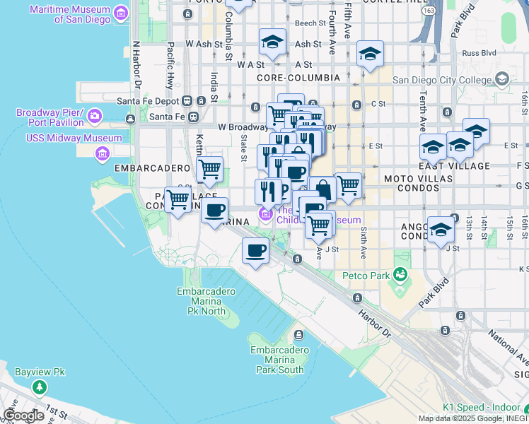 map of restaurants, bars, coffee shops, grocery stores, and more near 600 Front Street in San Diego