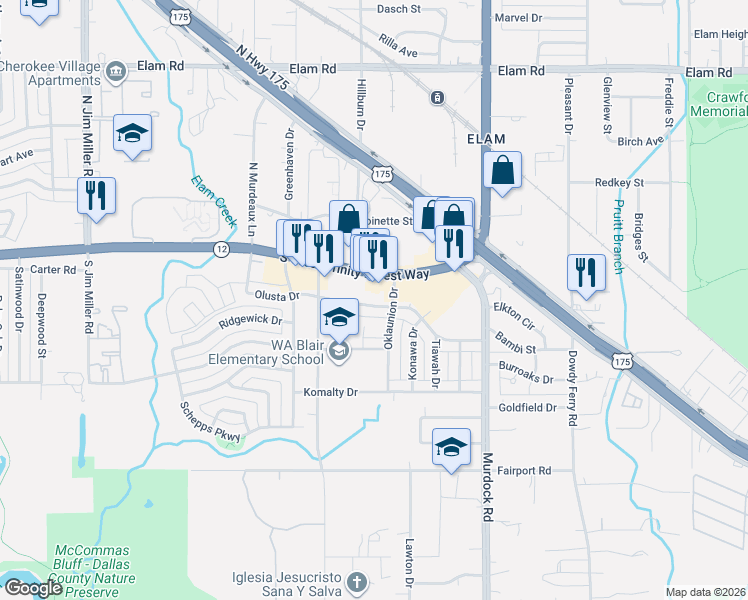map of restaurants, bars, coffee shops, grocery stores, and more near 7804 South Great Trinity Forest Way in Dallas