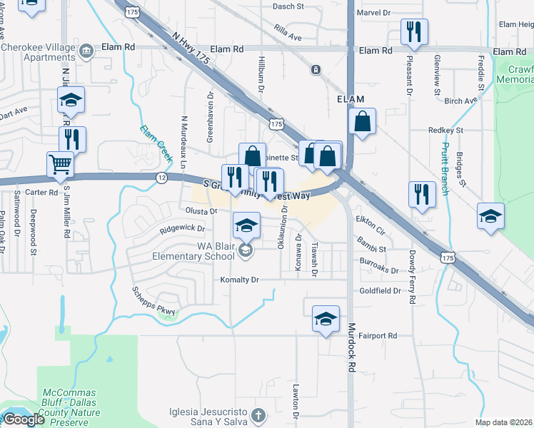 map of restaurants, bars, coffee shops, grocery stores, and more near 7804 South Great Trinity Forest Way in Dallas