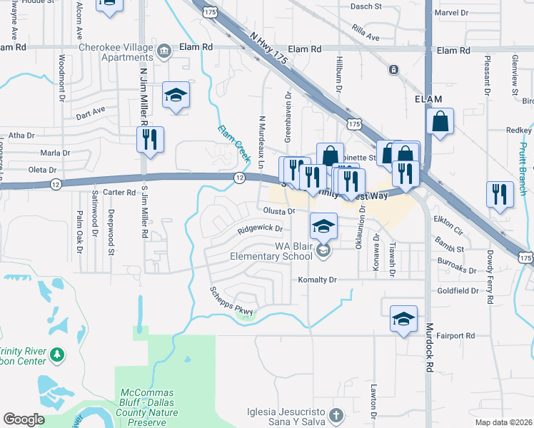 map of restaurants, bars, coffee shops, grocery stores, and more near 7507 Olusta Drive in Dallas