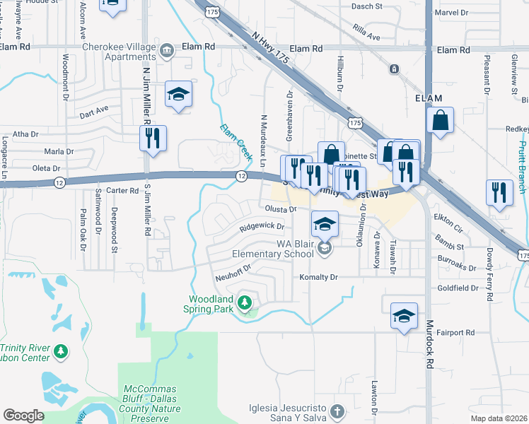 map of restaurants, bars, coffee shops, grocery stores, and more near 7507 Olusta Drive in Dallas