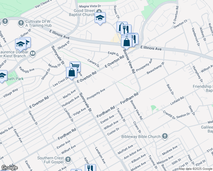 map of restaurants, bars, coffee shops, grocery stores, and more near 2788 East Overton Road in Dallas