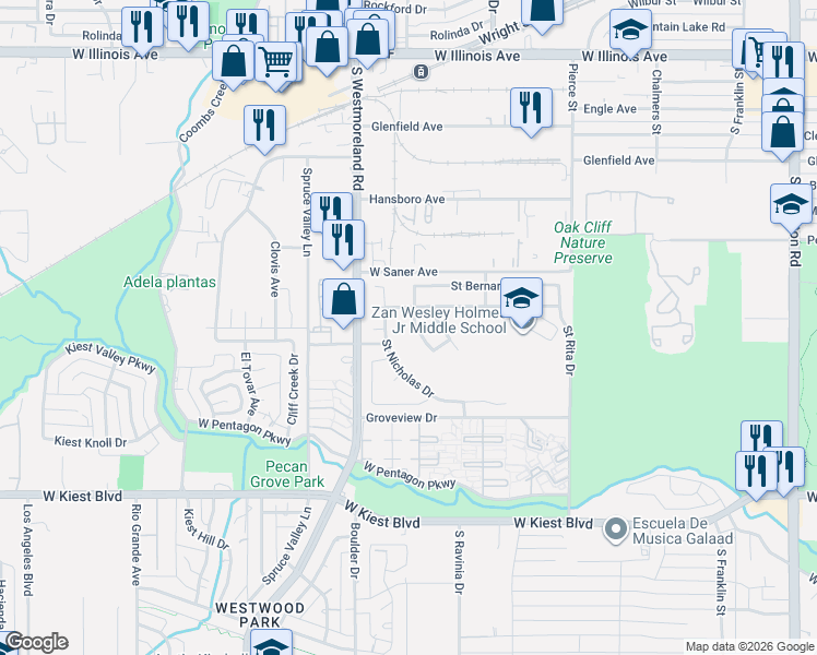 map of restaurants, bars, coffee shops, grocery stores, and more near 2953 Saint David Drive in Dallas