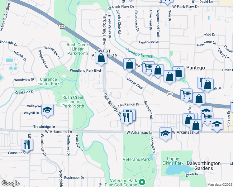 map of restaurants, bars, coffee shops, grocery stores, and more near 2129 Park Springs Circle in Arlington