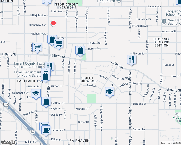 map of restaurants, bars, coffee shops, grocery stores, and more near 3301 South Edgewood Terrace in Fort Worth