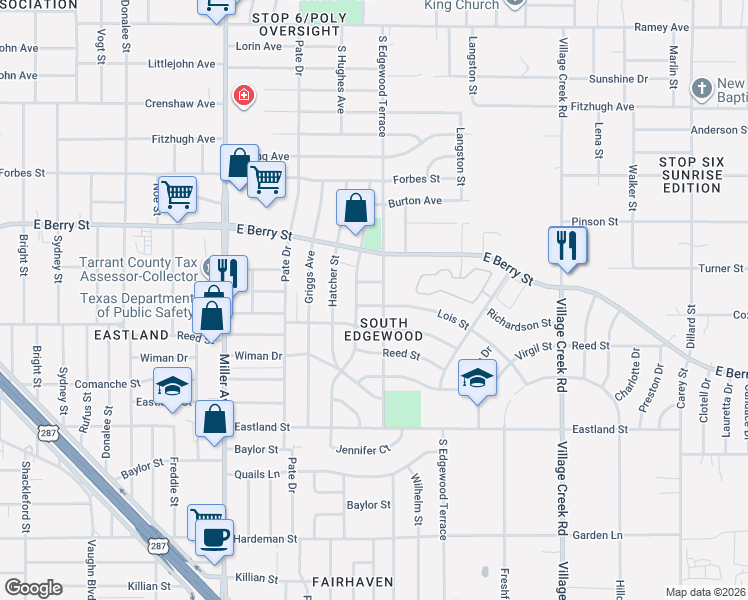 map of restaurants, bars, coffee shops, grocery stores, and more near 4500 Richardson Street in Fort Worth