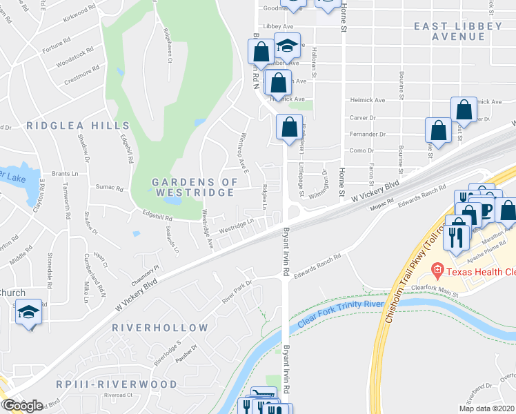 map of restaurants, bars, coffee shops, grocery stores, and more near 6005 Valley View Drive in Fort Worth