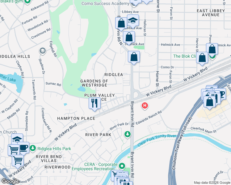 map of restaurants, bars, coffee shops, grocery stores, and more near 6113 Valley View Drive in Fort Worth
