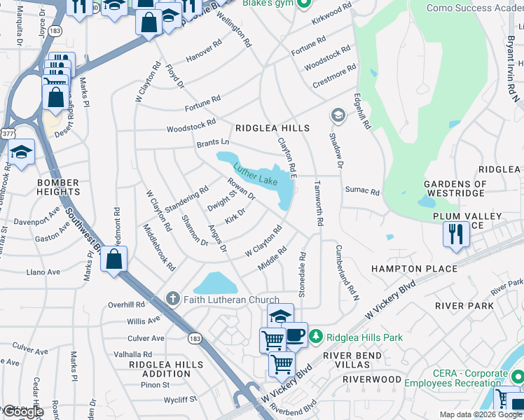 map of restaurants, bars, coffee shops, grocery stores, and more near 4120 Rowan Drive in Fort Worth