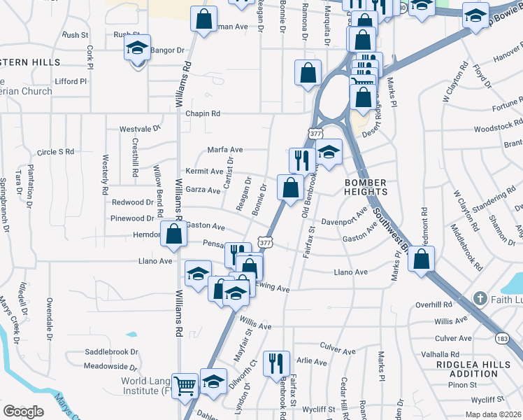 map of restaurants, bars, coffee shops, grocery stores, and more near 3917 Bonnie Drive in Fort Worth