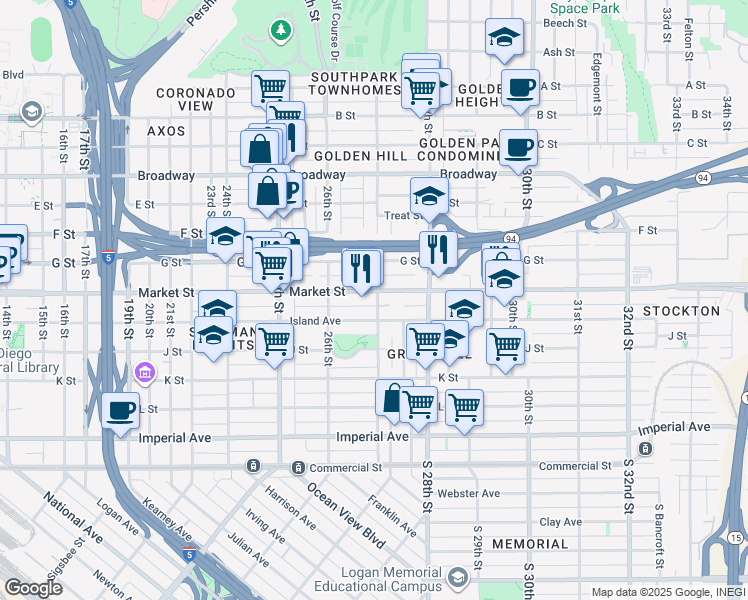 map of restaurants, bars, coffee shops, grocery stores, and more near 2693 Market Street in San Diego