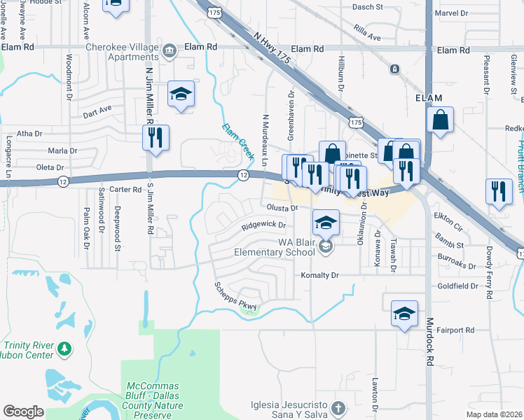 map of restaurants, bars, coffee shops, grocery stores, and more near 7507 Olusta Drive in Dallas