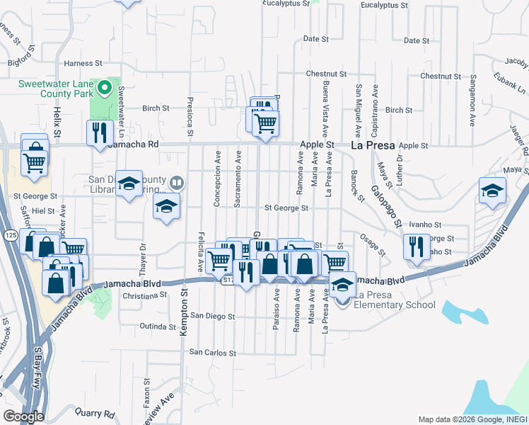 map of restaurants, bars, coffee shops, grocery stores, and more near 811 Grand Avenue in Spring Valley