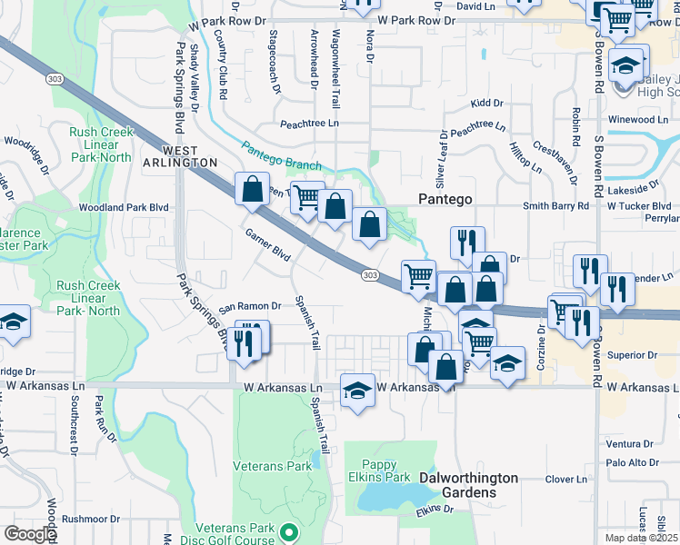 map of restaurants, bars, coffee shops, grocery stores, and more near 3521 Texas 303 Spur in Pantego