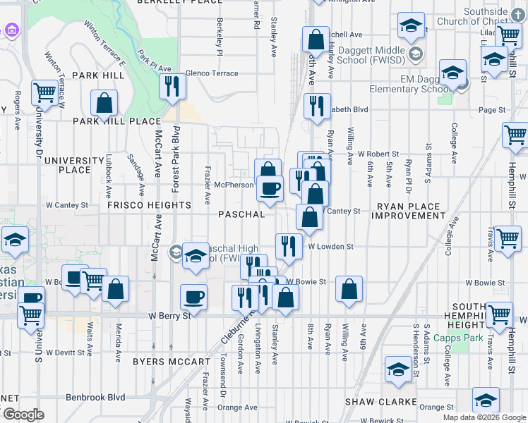 map of restaurants, bars, coffee shops, grocery stores, and more near 2716 Livingston Avenue in Fort Worth
