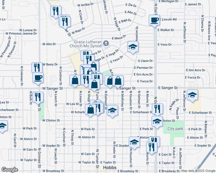 map of restaurants, bars, coffee shops, grocery stores, and more near 225-299 E Yucca Dr in Hobbs