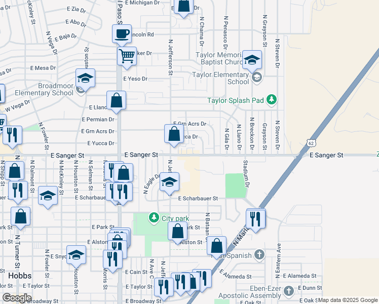 map of restaurants, bars, coffee shops, grocery stores, and more near 1127 East Yucca Street in Hobbs