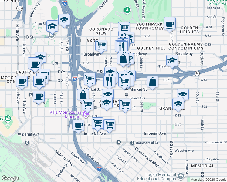 map of restaurants, bars, coffee shops, grocery stores, and more near 2409 Market Street in San Diego