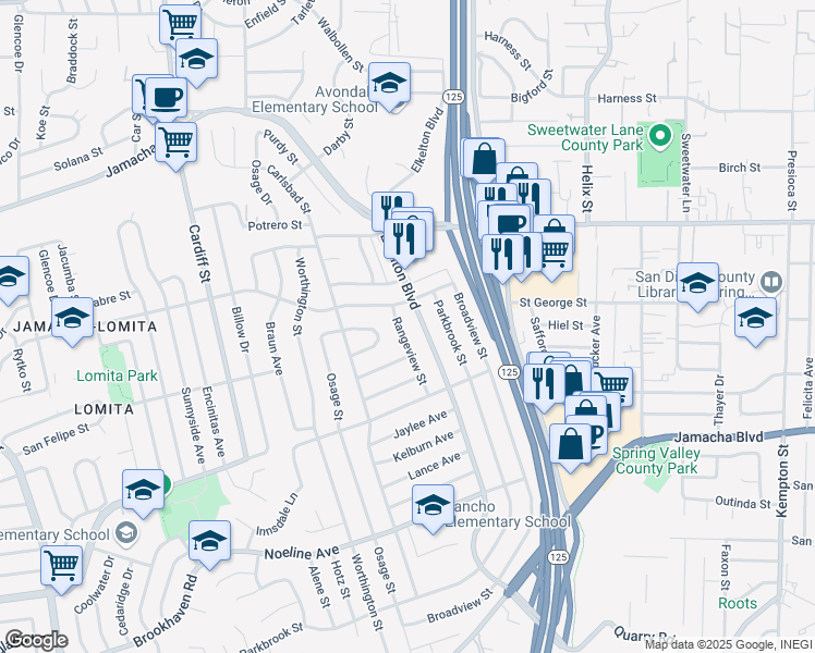 map of restaurants, bars, coffee shops, grocery stores, and more near 929 Rangeview Street in Spring Valley