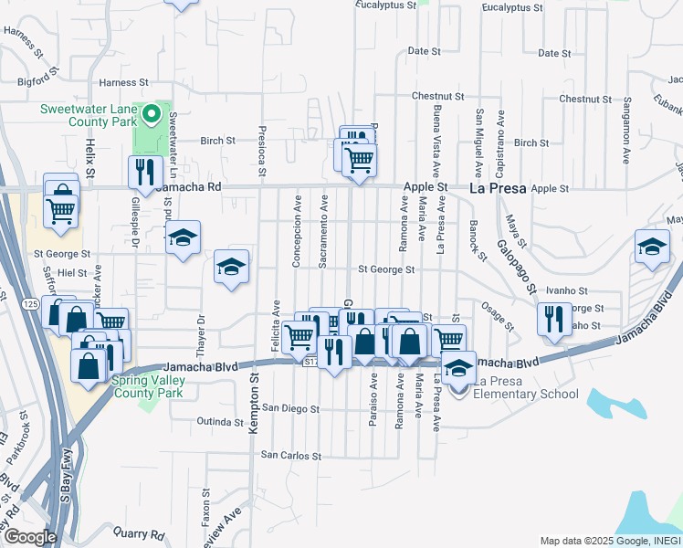map of restaurants, bars, coffee shops, grocery stores, and more near 817 Sacramento Avenue in Spring Valley