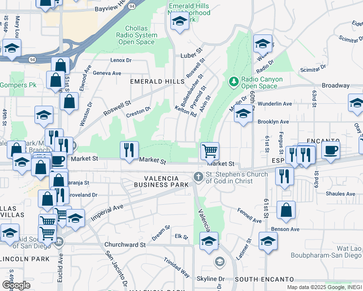 map of restaurants, bars, coffee shops, grocery stores, and more near 650 Bollenbacher Street in San Diego