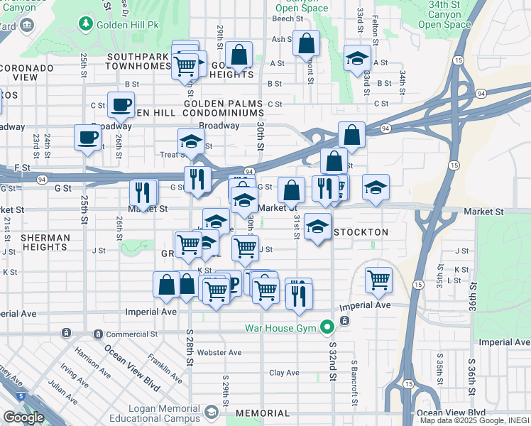 map of restaurants, bars, coffee shops, grocery stores, and more near 3035 G Street in San Diego