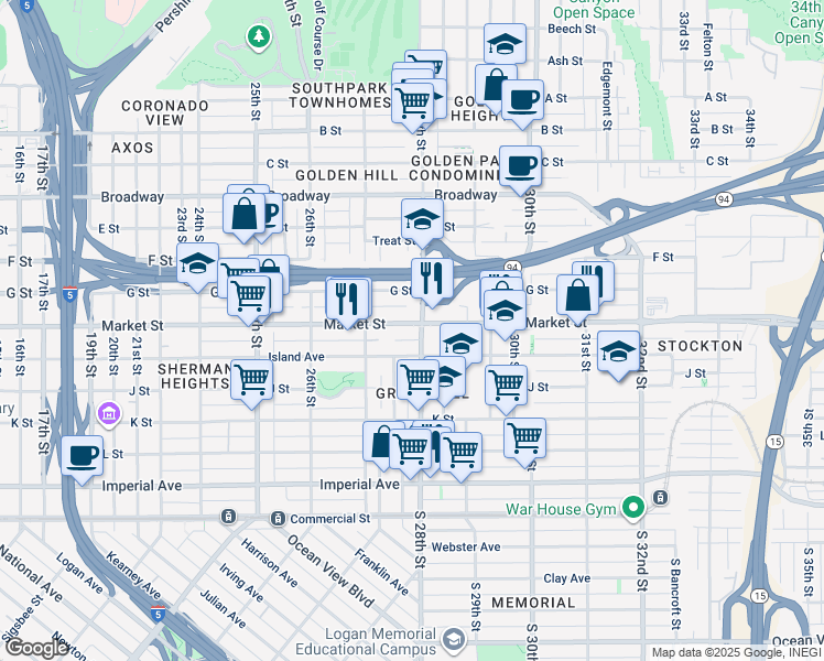 map of restaurants, bars, coffee shops, grocery stores, and more near 2820 Market Street in San Diego